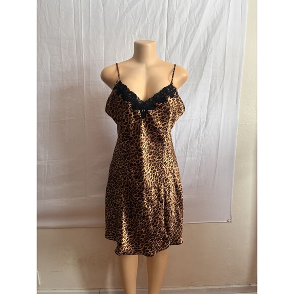 Sophia by Delicates Leopard Satin Slip Dress L Nightgown Chemise Black Lace Y2K - Picture 2 of 9